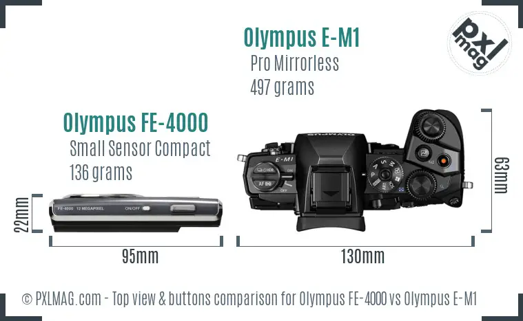 Olympus FE-4000 vs Olympus E-M1 top view buttons comparison
