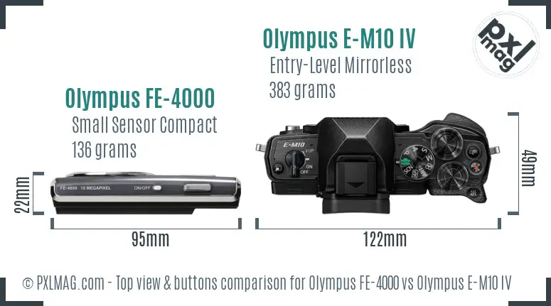 Olympus FE-4000 vs Olympus E-M10 IV top view buttons comparison
