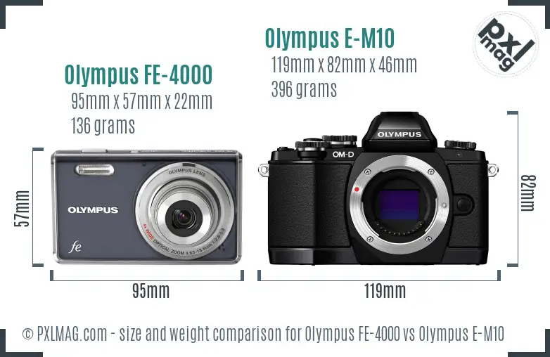 Olympus FE-4000 vs Olympus E-M10 size comparison
