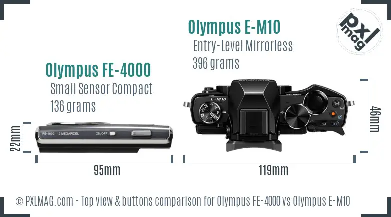 Olympus FE-4000 vs Olympus E-M10 top view buttons comparison