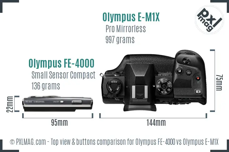 Olympus FE-4000 vs Olympus E-M1X top view buttons comparison