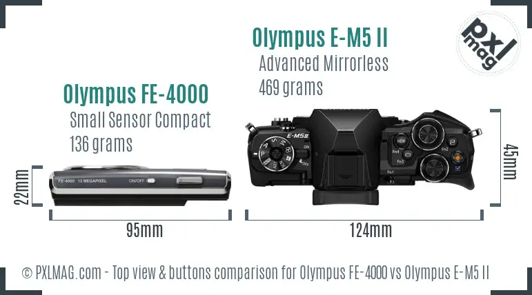 Olympus FE-4000 vs Olympus E-M5 II top view buttons comparison
