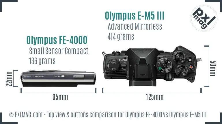 Olympus FE-4000 vs Olympus E-M5 III top view buttons comparison