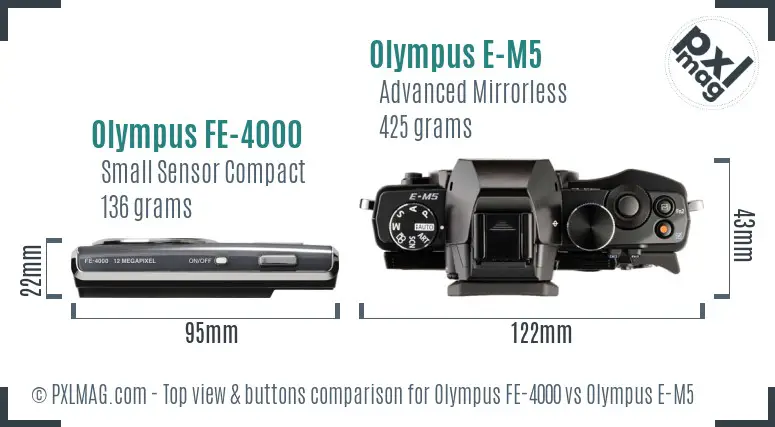 Olympus FE-4000 vs Olympus E-M5 top view buttons comparison