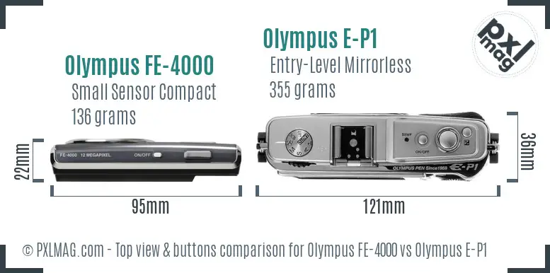 Olympus FE-4000 vs Olympus E-P1 top view buttons comparison
