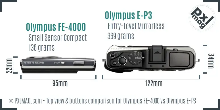 Olympus FE-4000 vs Olympus E-P3 top view buttons comparison