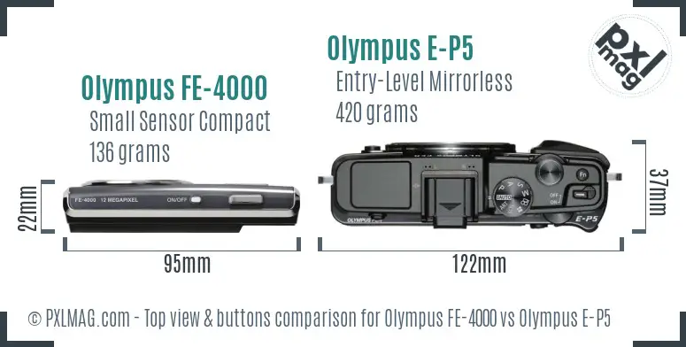 Olympus FE-4000 vs Olympus E-P5 top view buttons comparison