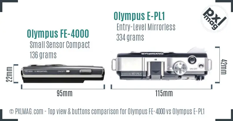 Olympus FE-4000 vs Olympus E-PL1 top view buttons comparison