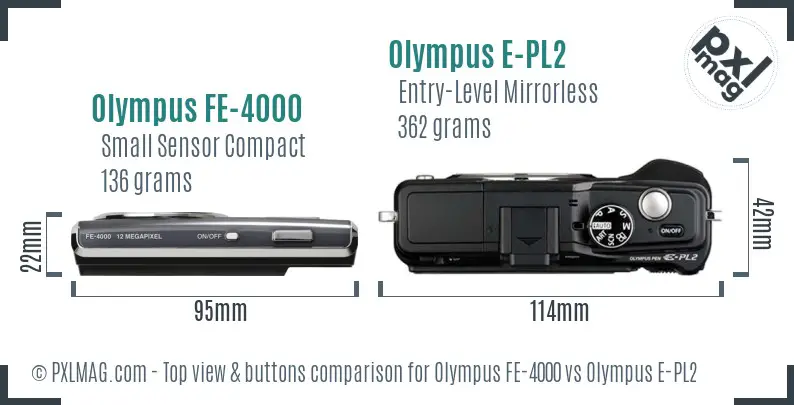 Olympus FE-4000 vs Olympus E-PL2 top view buttons comparison