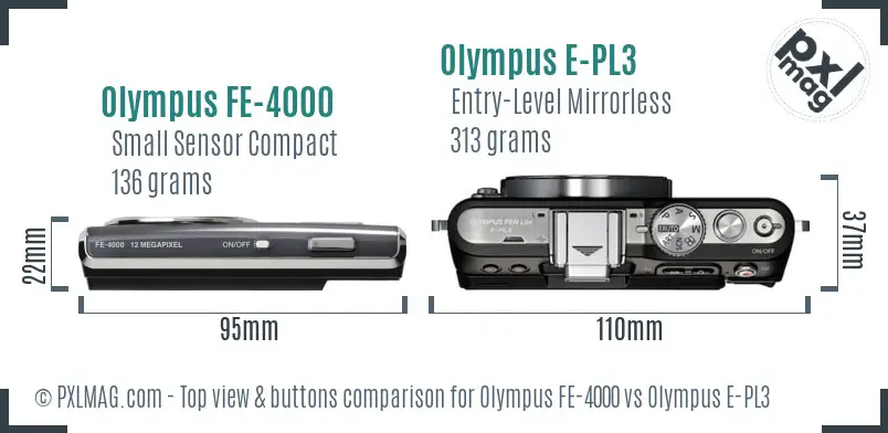 Olympus FE-4000 vs Olympus E-PL3 top view buttons comparison