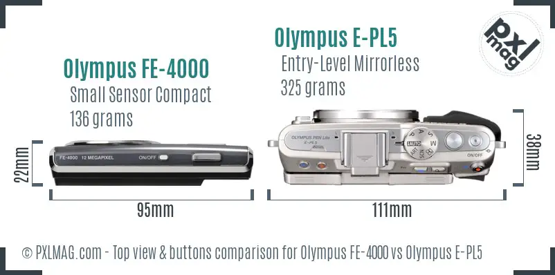 Olympus FE-4000 vs Olympus E-PL5 top view buttons comparison