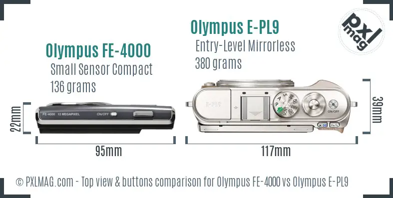 Olympus FE-4000 vs Olympus E-PL9 top view buttons comparison