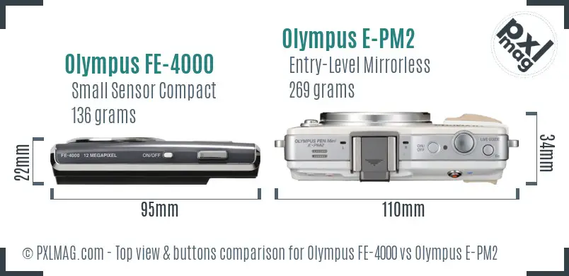 Olympus FE-4000 vs Olympus E-PM2 top view buttons comparison