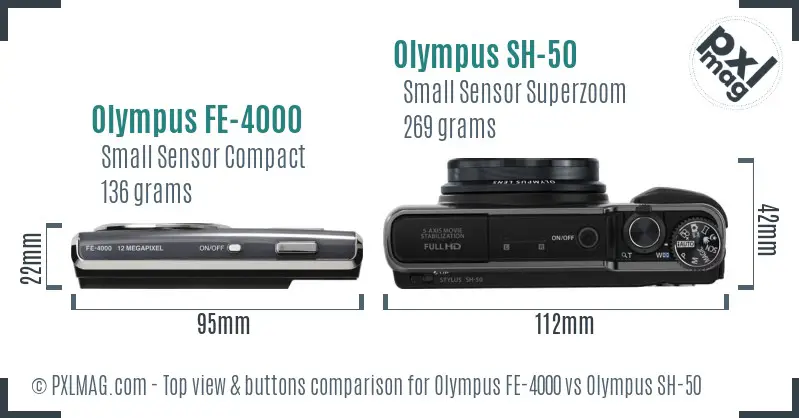 Olympus FE-4000 vs Olympus SH-50 top view buttons comparison