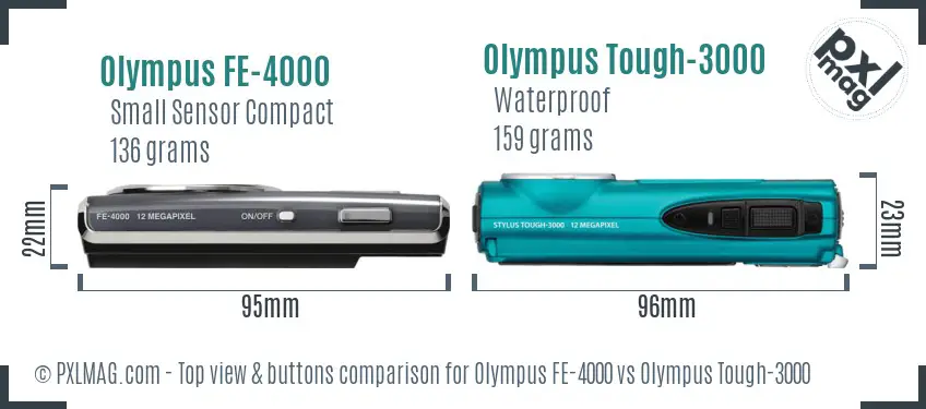 Olympus FE-4000 vs Olympus Tough-3000 top view buttons comparison