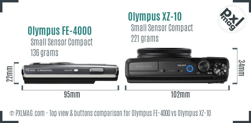 Olympus FE-4000 vs Olympus XZ-10 top view buttons comparison