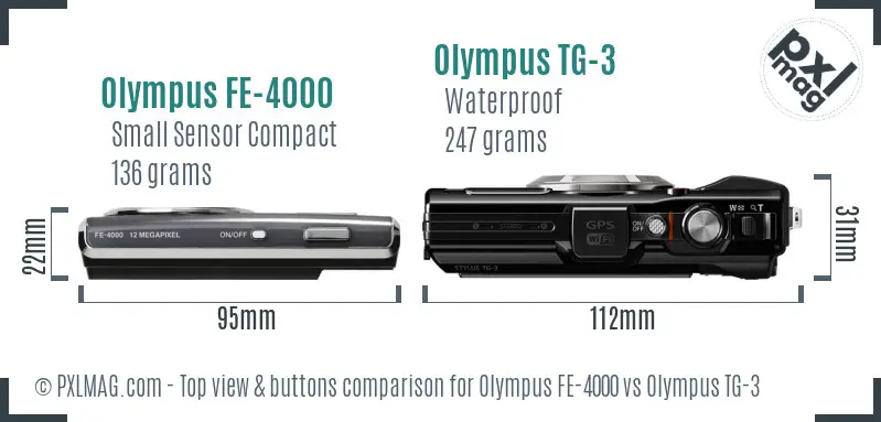 Olympus FE-4000 vs Olympus TG-3 top view buttons comparison