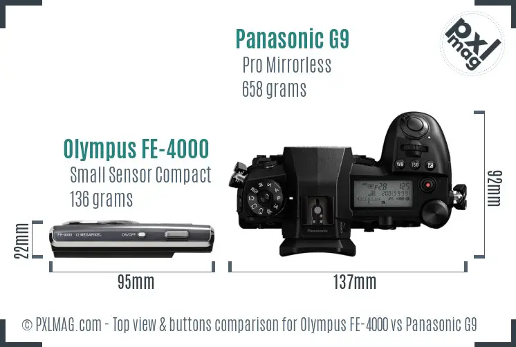Olympus FE-4000 vs Panasonic G9 top view buttons comparison