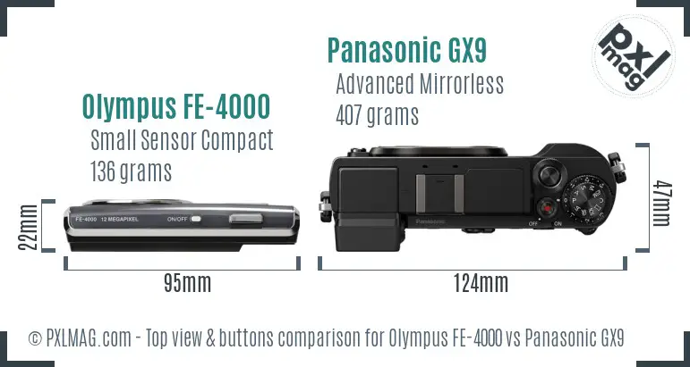 Olympus FE-4000 vs Panasonic GX9 top view buttons comparison