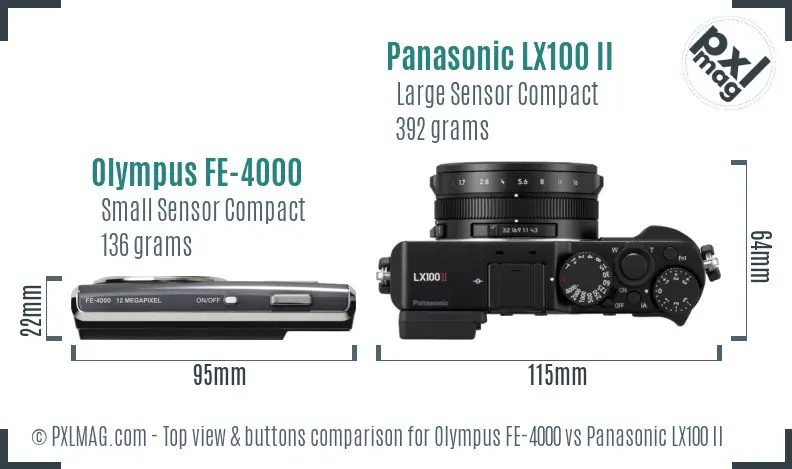 Olympus FE-4000 vs Panasonic LX100 II top view buttons comparison