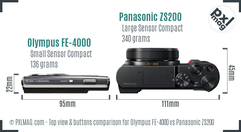 Olympus FE-4000 vs Panasonic ZS200 top view buttons comparison