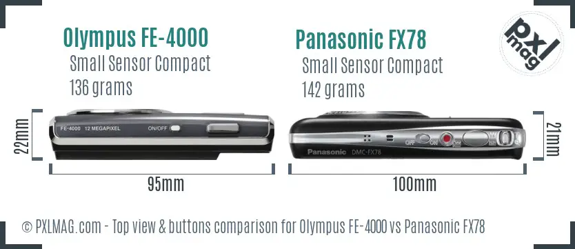 Olympus FE-4000 vs Panasonic FX78 top view buttons comparison