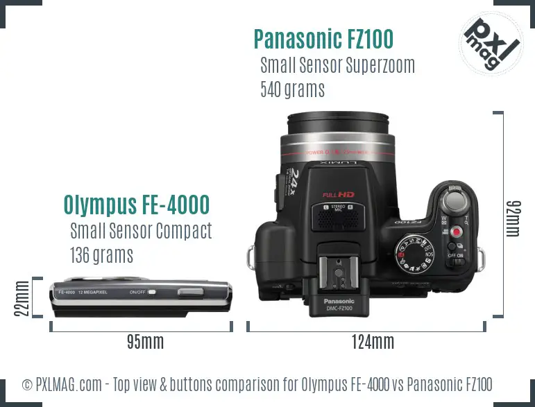 Olympus FE-4000 vs Panasonic FZ100 top view buttons comparison