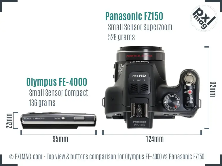 Olympus FE-4000 vs Panasonic FZ150 top view buttons comparison