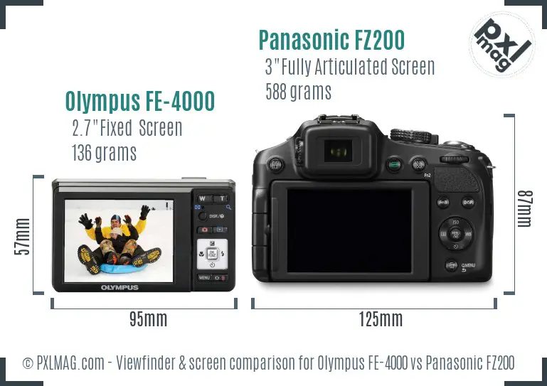 Olympus FE-4000 vs Panasonic FZ200 Screen and Viewfinder comparison