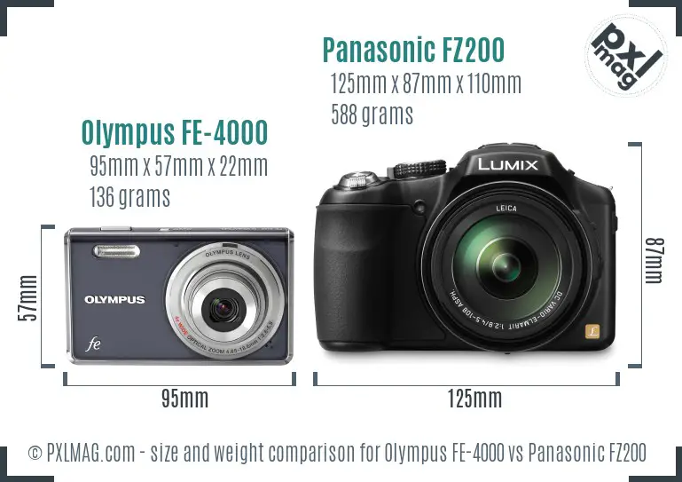 Olympus FE-4000 vs Panasonic FZ200 size comparison