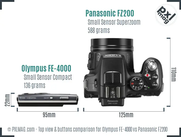 Olympus FE-4000 vs Panasonic FZ200 top view buttons comparison