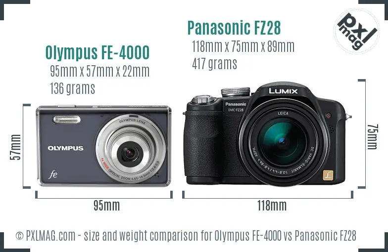 Olympus FE-4000 vs Panasonic FZ28 size comparison