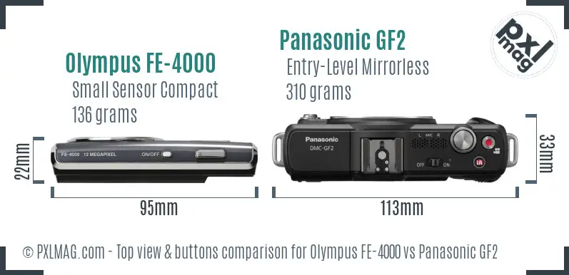 Olympus FE-4000 vs Panasonic GF2 top view buttons comparison