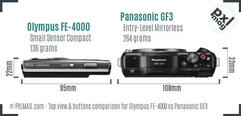 Olympus FE-4000 vs Panasonic GF3 top view buttons comparison