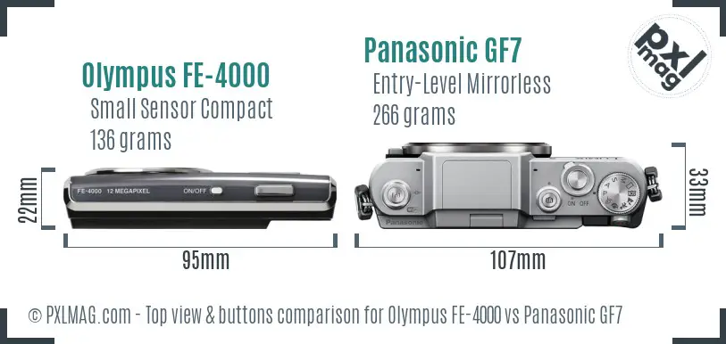 Olympus FE-4000 vs Panasonic GF7 top view buttons comparison
