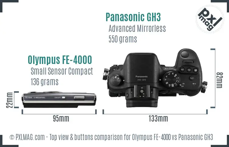 Olympus FE-4000 vs Panasonic GH3 top view buttons comparison Olympus FE-4000 vs Panasonic GH3 top view buttons comparison