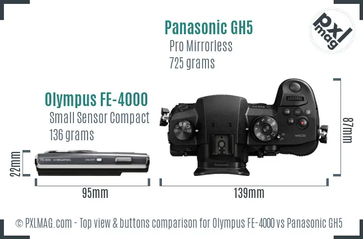 Olympus FE-4000 vs Panasonic GH5 top view buttons comparison Olympus FE-4000 vs Panasonic GH5 top view buttons comparison
