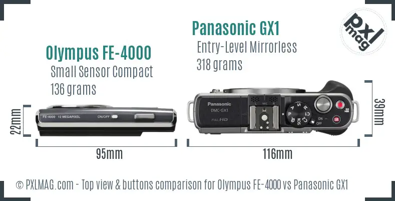 Olympus FE-4000 vs Panasonic GX1 top view buttons comparison