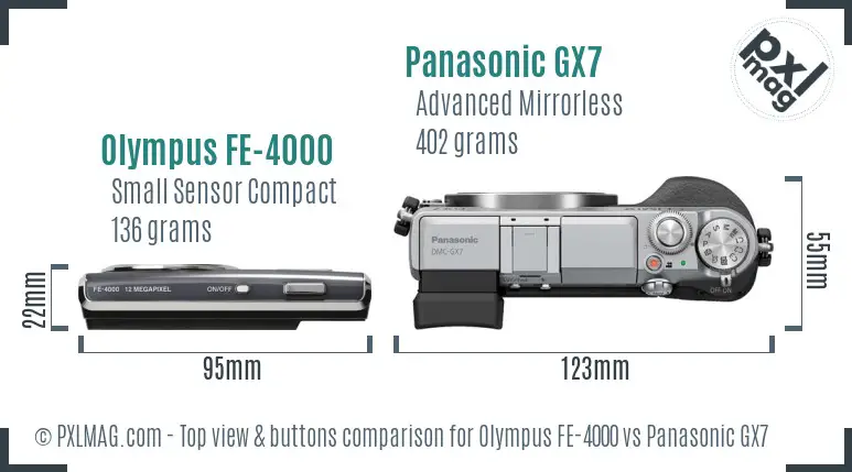 Olympus FE-4000 vs Panasonic GX7 top view buttons comparison