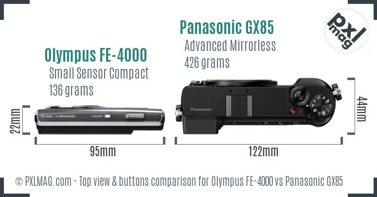 Olympus FE-4000 vs Panasonic GX85 top view buttons comparison