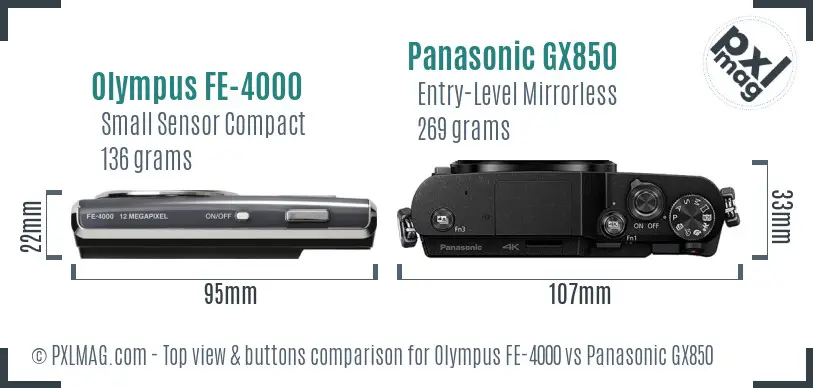 Olympus FE-4000 vs Panasonic GX850 top view buttons comparison