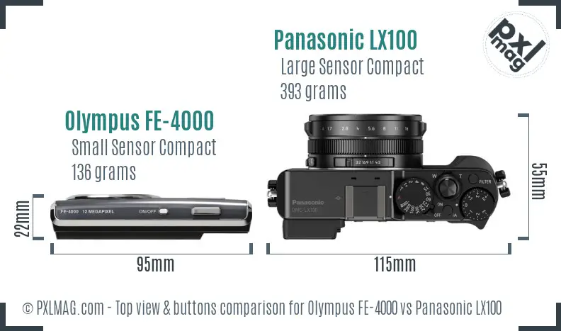 Olympus FE-4000 vs Panasonic LX100 top view buttons comparison