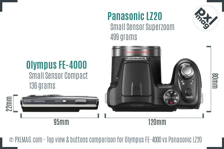 Olympus FE-4000 vs Panasonic LZ20 top view buttons comparison