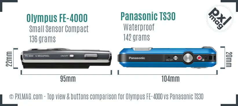 Olympus FE-4000 vs Panasonic TS30 top view buttons comparison