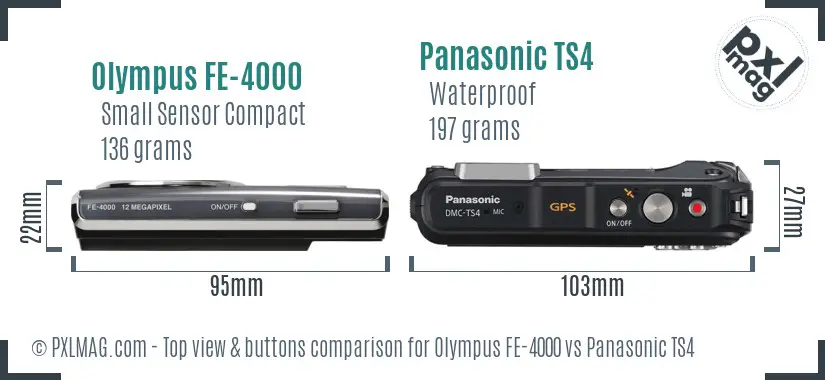 Olympus FE-4000 vs Panasonic TS4 top view buttons comparison