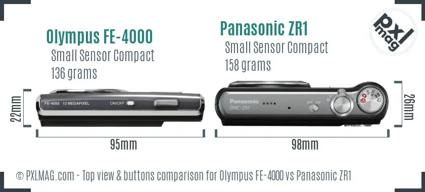 Olympus FE-4000 vs Panasonic ZR1 top view buttons comparison