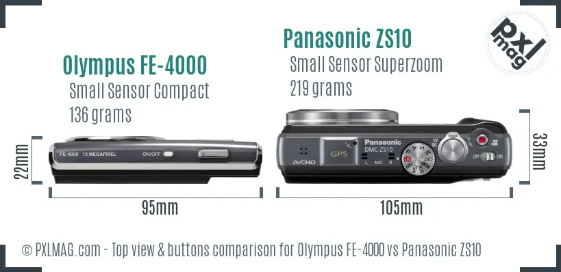 Olympus FE-4000 vs Panasonic ZS10 top view buttons comparison