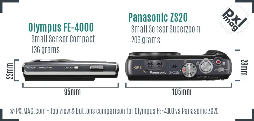 Olympus FE-4000 vs Panasonic ZS20 top view buttons comparison