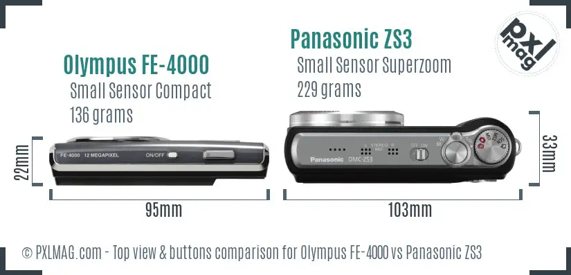 Olympus FE-4000 vs Panasonic ZS3 top view buttons comparison