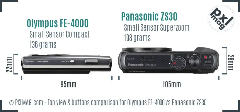 Olympus FE-4000 vs Panasonic ZS30 top view buttons comparison